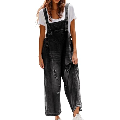 YIzdegg Damen Latzhose Jeans Einteiler Retro Denim Overalls Casual Straight Wide Leg Bib Jeans Verstellbare Trägerhose Loose Fit Baggy Jumpsuit Weich Und Atmungsaktiv Bequemer Stretch Arbeitshose von YIzdegg
