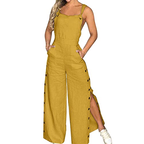 YIzdegg Damen Latzhosen Weites Bein Overall Seitenknopf Lose Gerades Rägerhose Verstellbare Träger Mit Große Taschen Jumpsuits Ärmellose Atmungsaktiv Trainingsanzug Sommer Spielanzug Hose von YIzdegg