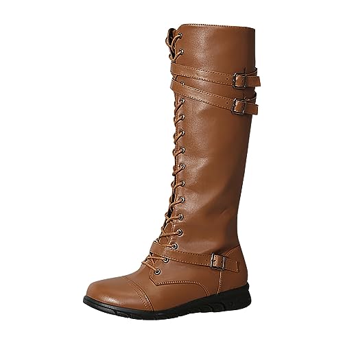 YIzdegg Damen-Schnürstiefel mit Blockabsatz, Schnallen und Plateausohle vorne Hausschuhe Damen Warm (Coffee, 38) von YIzdegg