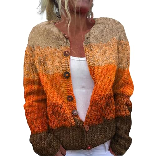 YIzdegg Damen Strickjacke Bunt Gestreift, Wollmischung Weich Damenstrickjacke, Klassisch Mit KnöPfen Strickjacken Winter -Cardigan, Grobstrickpullover, Lange äRmel, PlüSch-Freizeitpullover Sweater E von YIzdegg