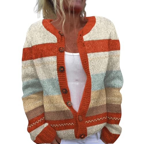 YIzdegg Damen Strickjacke Bunt Gestreift, Wollmischung Weich Damenstrickjacke, Klassisch Mit KnöPfen Strickjacken Winter -Cardigan, Grobstrickpullover, Lange äRmel, PlüSch-Freizeitpullover Sweater E von YIzdegg