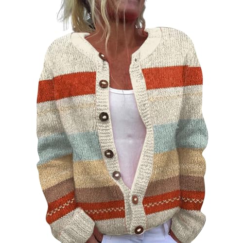 YIzdegg Damen Strickjacke Bunt Gestreift, Wollmischung Weich Damenstrickjacke, Klassisch Mit KnöPfen Strickjacken Winter -Cardigan, Grobstrickpullover, Lange äRmel, PlüSch-Freizeitpullover Sweater E von YIzdegg