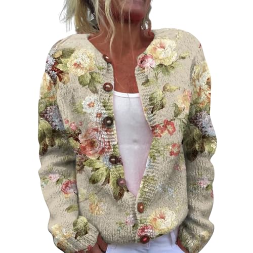YIzdegg Damen Strickjacke Open Front Strick Cardigan mit Blumen Stickerei Langarm Strickmantel V-Ausschnitt Knopfleiste Strickware Classic Gestrickte Jacke Sweater Strickcardigan Weihnachtspullover E von YIzdegg