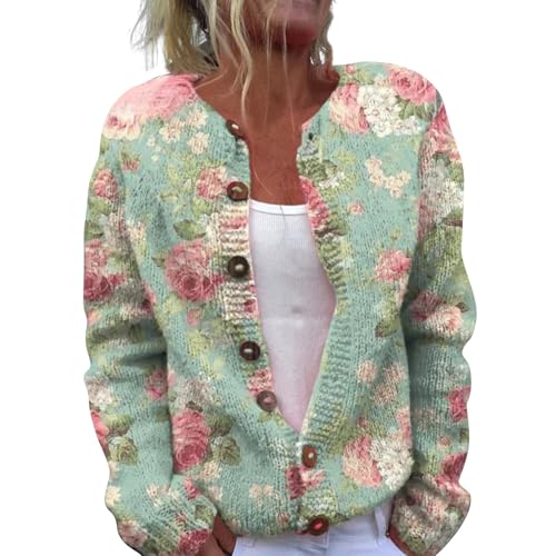 YIzdegg Damen Strickjacke Open Front Strick Cardigan mit Blumen Stickerei Langarm Strickmantel V-Ausschnitt Knopfleiste Strickware Classic Gestrickte Jacke Sweater Strickcardigan Weihnachtspullover E von YIzdegg