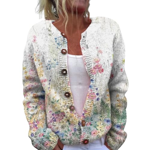 YIzdegg Damen Strickjacke Open Front Strick Cardigan mit Blumen Stickerei Langarm Strickmantel V-Ausschnitt Knopfleiste Strickware Classic Gestrickte Jacke Sweater Strickcardigan Weihnachtspullover E von YIzdegg