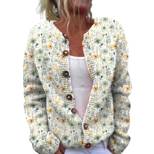 YIzdegg Damen Strickjacke Open Front Strick Cardigan mit Blumen Stickerei Langarm Strickmantel V-Ausschnitt Knopfleiste Strickware Classic Gestrickte Jacke Sweater Strickcardigan Weihnachtspullover E von YIzdegg