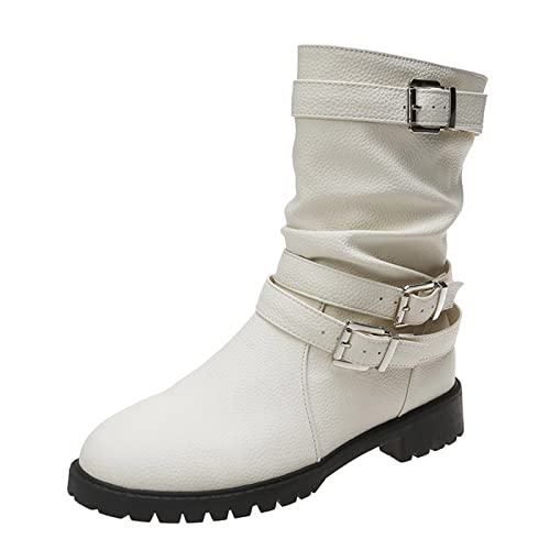YIzdegg Einfarbige Damen-Gürtelschnalle aus geknittertem mit klobigem Absatz und modischen mittleren Stiefeln Schuhbox Transparent (Beige, 37) von YIzdegg