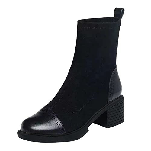 YIzdegg Frauen Einfarbig Dicke Sohle Quadratische Absätze Slip Mid Booties Round Toe Schuhe Schwarz Absatz 42 (Black, 37) von YIzdegg