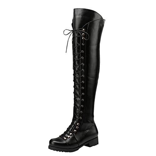 YIzdegg Frauen High Heel Stiefel und Winter Einfarbig Einfache Bequeme Runde Zehe Schnürung Quadratischer Absatz Schuhe Schwarz Damen (Black, 42) von YIzdegg