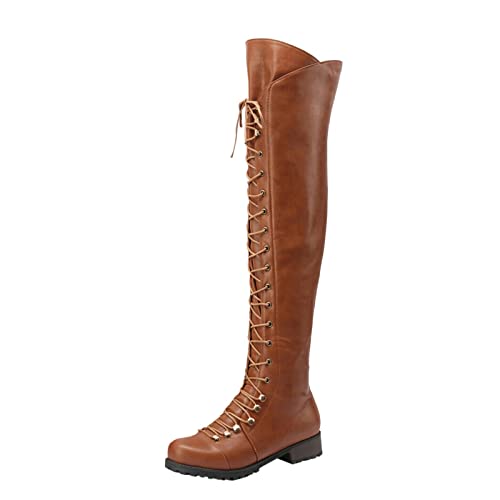 YIzdegg Frauen High Heel Stiefel und Winter Einfarbig Einfache Bequeme Runde Zehe Schnürung Quadratischer Absatz Schuhe Schwarz Damen (Brown, 39) von YIzdegg