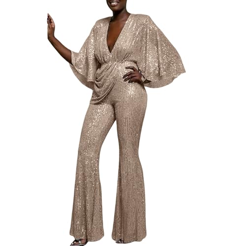 YIzdegg Jumpsuit Pailletten Damen Festlicher Hosenanzug Große Größen Business Overall Elegant Glitzer-Hosenanzug Lang Romper Flared Einteiler Ärmellose Strampler Jumpsuits Playsuits von YIzdegg