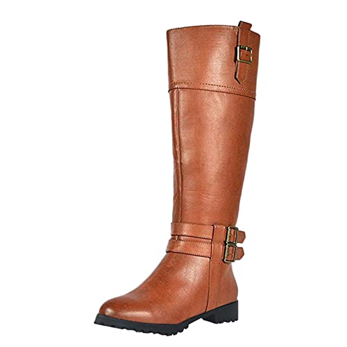 YIzdegg Kniehohe Stiefel Damen Flach - Langschaftstiefel Damen Mit Schnalle Lederstiefel Runde Zehenkappe Overknee Stiefel Elegant Winterstiefel Vintage Motorradstiefel Leichte Übergangsstiefel von YIzdegg