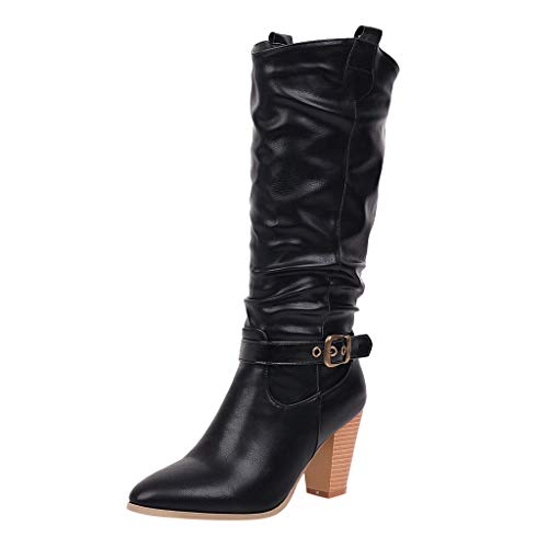 YIzdegg Kniehohe Stiefel Mit Blockabsatz, Langschaft Weitem Stiefel, Spitze Zehe Kniestiefel, Schnalle Weitschaftstiefel, Warm Übergangsstiefel,Elegant Schlupfstiefel, Winter Stiefel von YIzdegg