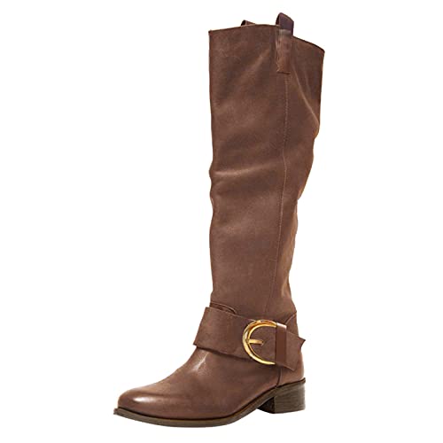 YIzdegg Langschaft-Stiefel Damen Leder - Low Heel Reitstiefel Retro Schnallengürtel Westernstiefel Frauen Casual Stiefel Round Toe Stiefeletten Elegant Winter Schuhe Regular Fit Komfort Boots von YIzdegg