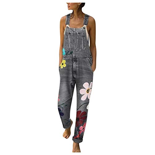 YIzdegg Latzhose Damen Sommer Jeans Arbeitslatzhose Mit Taschen Größen Bunte Blumenmuster Druck Spaghetti-Träge Sommeroverall Jeanslatzhose Ärmellos Baggy Jeansoverall Bequemer Stretch Hosenanzug von YIzdegg