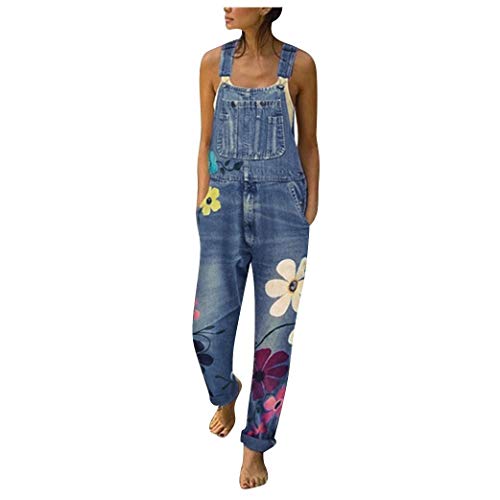 YIzdegg Latzhose Damen Sommer Jeans Arbeitslatzhose Mit Taschen Größen Bunte Blumenmuster Druck Spaghetti-Träge Sommeroverall Jeanslatzhose Ärmellos Baggy Jeansoverall Bequemer Stretch Hosenanzug von YIzdegg