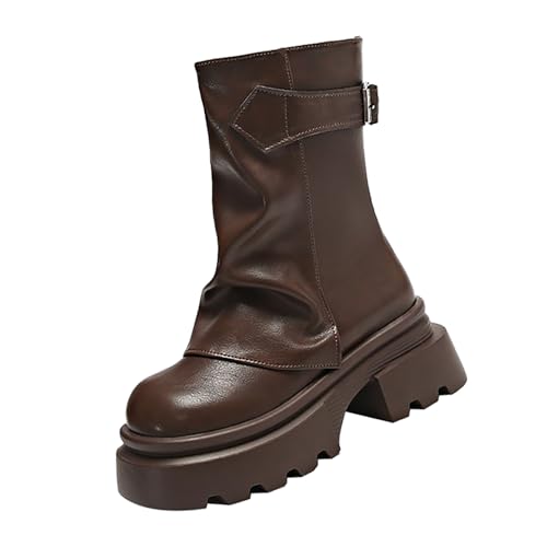 YIzdegg Modische Damenstiefel mit dickem und klobigem Absatz, atmungsaktiv, modisch, runder, klobiger Absatz Weiße Damen (Brown, 39) von YIzdegg
