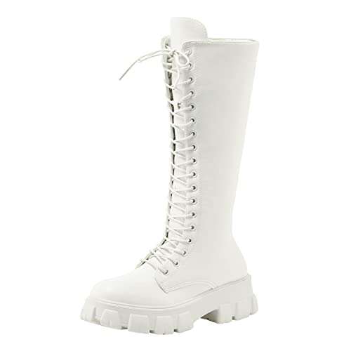 YIzdegg Modische Lange Damenstiefel aus massivem mit seitlichem Reißverschluss und Schnürung im britischen Stil 37 Mädchen (White, 41) von YIzdegg