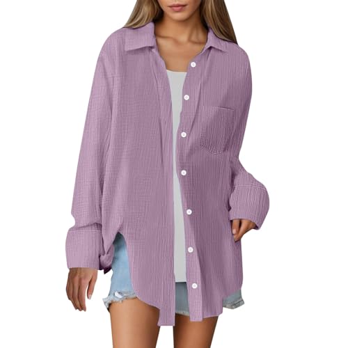 YIzdegg Musselin Bluse Damen Sommer Bequem Blusen & Tuniken Button-Down Leinenbluse V-Ausschnitt Longbluse Ärmellose Baumwoll Leinenweste Einfarbig Tshirt mit Taschen Revers Einreihige Leinenhemd von YIzdegg