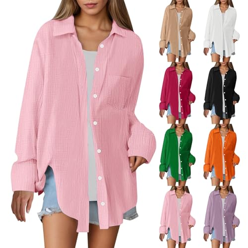 YIzdegg Musselin Bluse Damen Sommer Bequem Blusen & Tuniken Button-Down Leinenbluse V-Ausschnitt Longbluse Ärmellose Baumwoll Leinenweste Einfarbig Tshirt mit Taschen Revers Einreihige Leinenhemd von YIzdegg