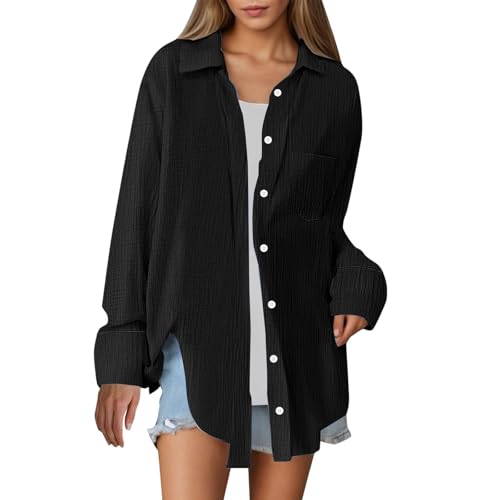 YIzdegg Musselin Bluse Damen Sommer Bequem Blusen & Tuniken Button-Down Leinenbluse V-Ausschnitt Longbluse Ärmellose Baumwoll Leinenweste Einfarbig Tshirt mit Taschen Revers Einreihige Leinenhemd von YIzdegg