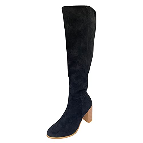 YIzdegg Overknee Stiefel Damen Mit Blockabsatz - Kniehohe Stiefel Damen Elegant Langschaftstiefel Spitze Zehe Kniestiefel Mit Reißverschluss Winterstiefel Wildleder Weitschaftstiefel Westernstiefel von YIzdegg