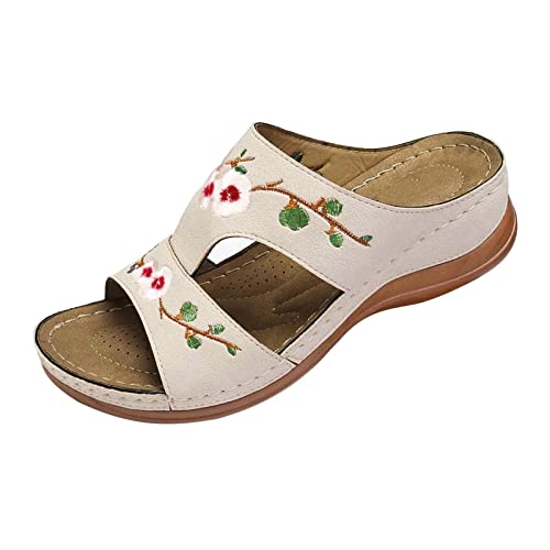 YIzdegg Pantoletten Damen Leder - Mit Fussbett Elegante Hausschuhe Keilabsatz Sommerschuhe Orthopädische Slides Rutschfest Sandalen Plattform Slipper Mit Absatz Pantoletten Plateau Bohemian von YIzdegg