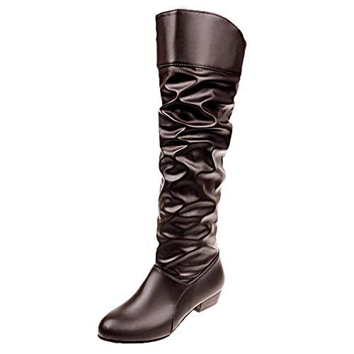 YIzdegg Runde Stiefel Ausrutscher Absatz Frauen Farbe solide Stiefel High Schuhe Kniehohe Zehen Damenstiefel Für Damen Blau (Brown, 36) von YIzdegg