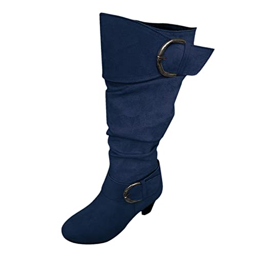 YIzdegg Stiefel Damen Mit Absatz - Langschaftstiefel Rundzehe Kniestiefel Mit Schnalle Overknee Stiefel Elegant Winterstiefel Halbhohe Übergangsstiefel Im Cowboy-Stil Damenstiefel Cowboystiefel von YIzdegg