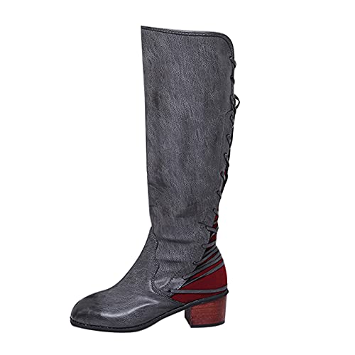 YIzdegg Stiefel Damen Mit Absatz - Overknee Stiefel Damen Rundzehe Schnürstiefel Blockabsatz Kniestiefel Mit Seitlicher Reißverschluss Vintage Lederstiefel Weiche Fussbett Übergangsstiefel von YIzdegg