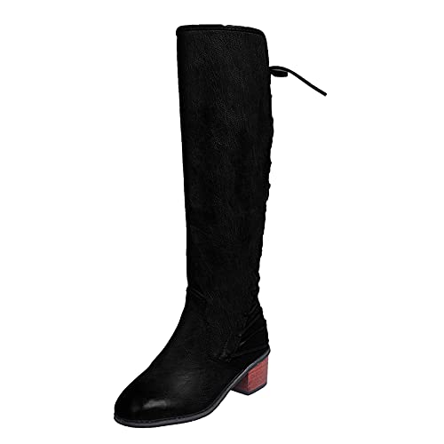 YIzdegg Stiefel Damen Mit Absatz - Overknee Stiefel Damen Rundzehe Schnürstiefel Blockabsatz Kniestiefel Mit Seitlicher Reißverschluss Vintage Lederstiefel Weiche Fussbett Übergangsstiefel von YIzdegg