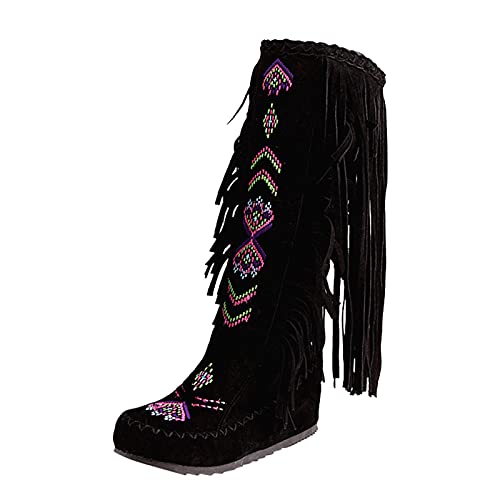 YIzdegg Stil Frauen Heels Fringe Flock Chinesische Stiefel Stiefel Hohe Lange Flache Quaste Nation Mode Knie Damenstiefel Ausrüstung (Black, 37) von YIzdegg