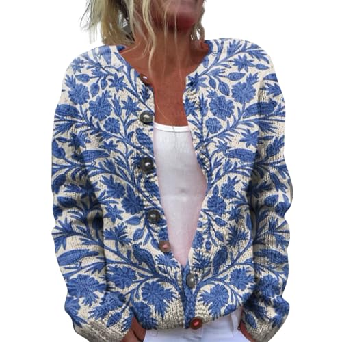 YIzdegg Strickcardigan Damen Grobstrick Kurz Cardigan Bunt Druck Wollstrickjacke Warm Strickcardigan Mit KnöPfen Wickelstrickjacke Christmas Strickcardigan Damen Wolle Strickjacke Ugly Sweater von YIzdegg