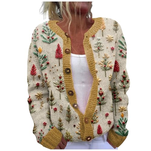YIzdegg Strickcardigan Damen Grobstrick Kurz Cardigan Bunt Druck Wollstrickjacke Warm Strickcardigan Mit KnöPfen Wickelstrickjacke Christmas Strickcardigan Damen Wolle Strickjacke Ugly Sweater von YIzdegg