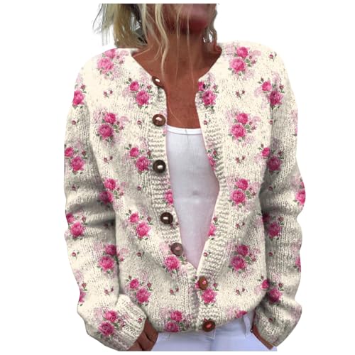 YIzdegg Strickcardigan Damen Grobstrick Kurz Cardigan Bunt Druck Wollstrickjacke Warm Strickcardigan Mit KnöPfen Wickelstrickjacke Christmas Strickcardigan Damen Wolle Strickjacke Ugly Sweater von YIzdegg