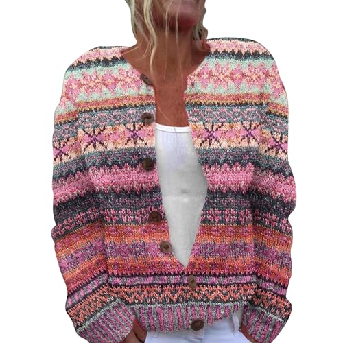 YIzdegg Weihnachts Strickjacke Damen Bunt, Gemustert Strickpullover V-Ausschnitt Langarm Strickmantel Mit KnöPfen Winterjacke LäSsige Blumendruck Winter Jacke Lose Mantel Strickpulli Wickelpullover von YIzdegg