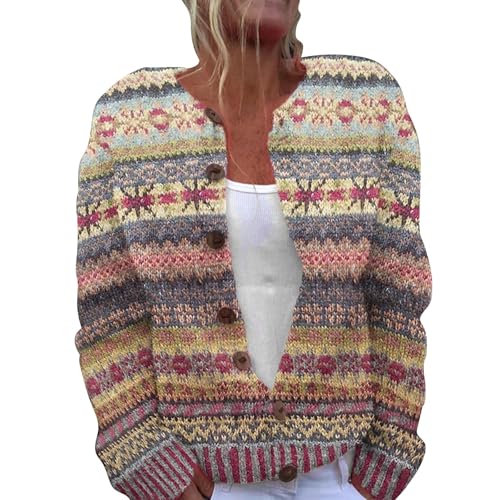 YIzdegg Weihnachts Strickjacke Damen Bunt, Gemustert Strickpullover V-Ausschnitt Langarm Strickmantel Mit KnöPfen Winterjacke LäSsige Blumendruck Winter Jacke Lose Mantel Strickpulli Wickelpullover von YIzdegg