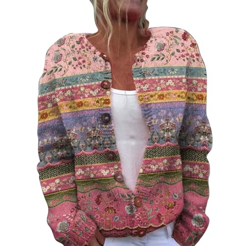 YIzdegg Weihnachts Strickjacke Damen Bunt, Gemustert Strickpullover V-Ausschnitt Langarm Strickmantel Mit KnöPfen Winterjacke LäSsige Blumendruck Winter Jacke Lose Mantel Strickpulli Wickelpullover von YIzdegg