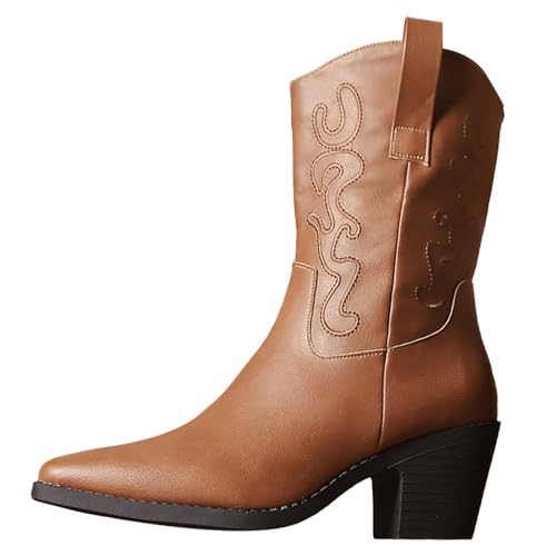 YIzdegg Wide Fit Cowboystiefel Für Damen, Westernstiefel Damen Leder, Schöne Bestickte Nähte Chelsea-Stiefel, Klassisch Vintage Winterstiefel, Übergröße Niedriger Absatz Schuhe von YIzdegg