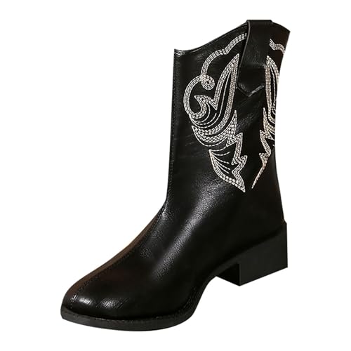 YIzdegg Wide Fit Cowboystiefel Für Damen Westernstiefel Damen Leder Schöne Bestickte Nähte Chelsea-Stiefel Klassisch Vintage Winterstiefel Übergröße Niedriger Absatz Schuhe von YIzdegg