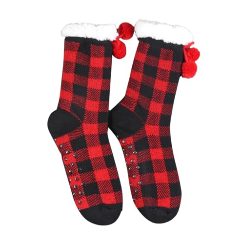 YIzdegg Winter Weihnachten Schwarz Rot Kariertes Muster Plüsch Isolierung Anti-Rutsch-Bodensocken Trachten Socken (Red, One Size) von YIzdegg