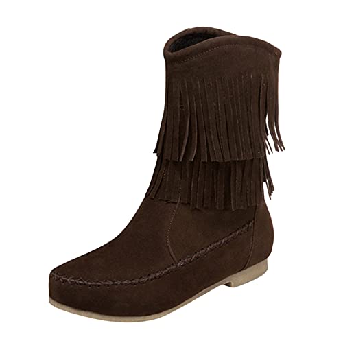 YIzdegg Winter weiche Flache Fransen Stiefel Schuhe warme Oberschenkel Damenstiefel Compatible with Motorrad Damen 43 (Brown, 42) von YIzdegg