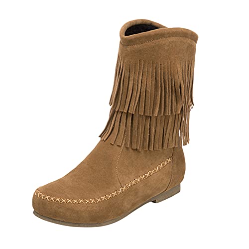 YIzdegg Winter weiche Flache Fransen Stiefel Schuhe warme Oberschenkel Damenstiefel Compatible with Motorrad Damen 43 (Yellow, 37) von YIzdegg