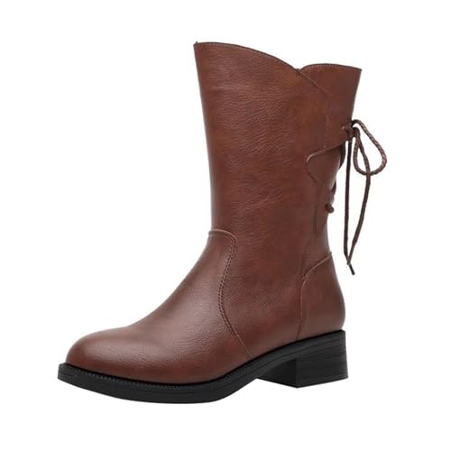 YIzdegg Women's Spring and Autumn Winter Plus Velvet Thickened Side Zipper Back Tie All Mid Heel Korean Soft Sole Plus Velvet Cotton Boots Mid Calf Boots Herren 46 (Brown, 36) von YIzdegg
