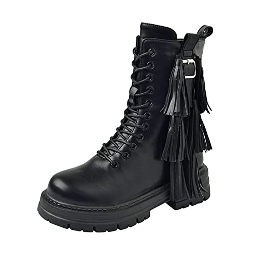 YIzdegg einfarbig Schnürstiefel Quaste seitlicher Reißverschluss Plattform mittlere Stiefel Gebirgsjäger (Black, 40) von YIzdegg