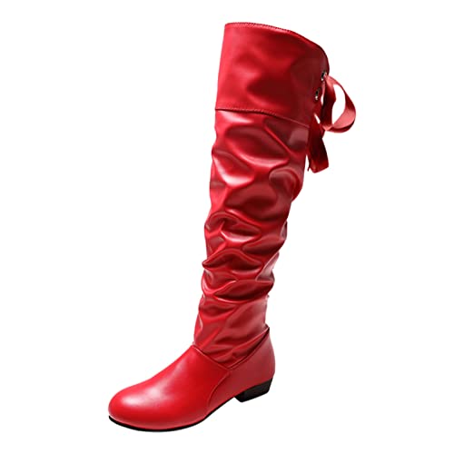 YIzdegg einfarbig Torfleder Fliege hinten Dicke Ferse Lange Stiefel Rot (Red, 38) von YIzdegg