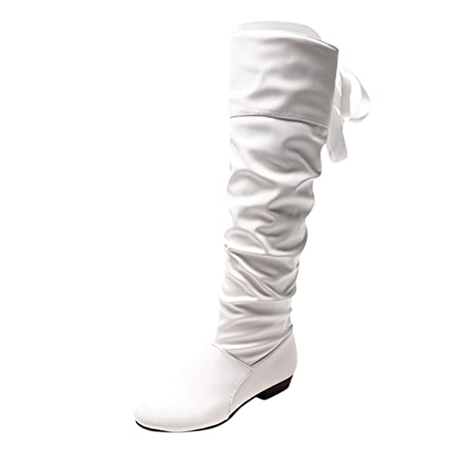 YIzdegg einfarbig Torfleder Fliege hinten Dicke Ferse Lange Stiefel Rot (White, 40) von YIzdegg
