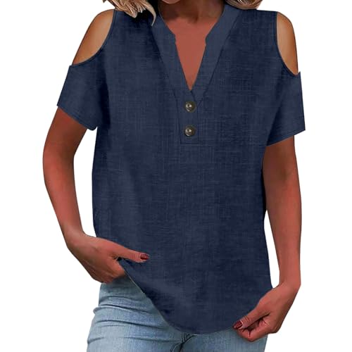 YIzdegg leinenbluse Damen Sommer Kurzarm - schulterfrei musselin Bluse V-Ausschnitt Hemdbluse Leicht und Luftig Große Größen Sommerblusen Knopf Einfarbig Blusenshirt Bequem Leinenhemd Bluse Oberteile von YIzdegg