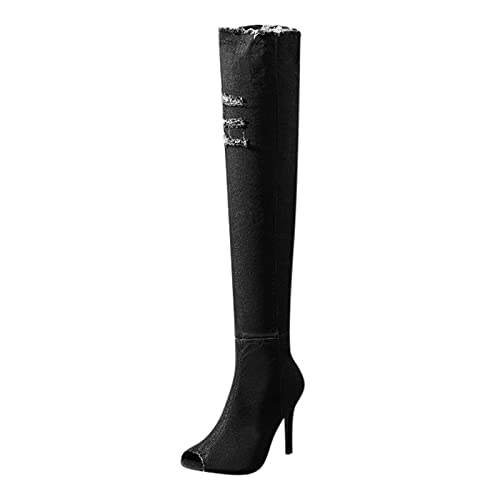 YIzdegg und hoch über Frühlingsstiefel Stiefel Ferse Enge Knieferse Hoch Offene Stiefel Die Fashion Jeans Damen Toe Damenstiefel Compatible with Motorrad Damen 41 (Black, 39) von YIzdegg