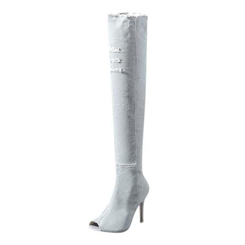 YIzdegg und hoch über Frühlingsstiefel Stiefel Ferse Enge Knieferse Hoch Offene Stiefel Die Fashion Jeans Damen Toe Damenstiefel Compatible with Motorrad Damen 41 (Sky Blue, 37) von YIzdegg